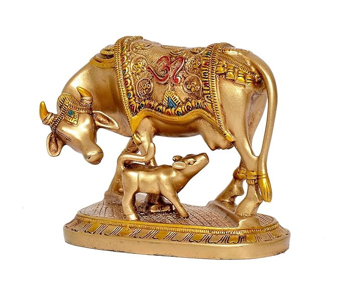 Resin Cow with Calf for Pooja Mandir Home Decor (Height 5 Inch)