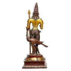 16-inch brass Kartikeya statue, side view with raised spear, ornate base and tail