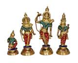 Brass Ram Darbar idol set front view: four standing figures with ornate crowns and painted attire