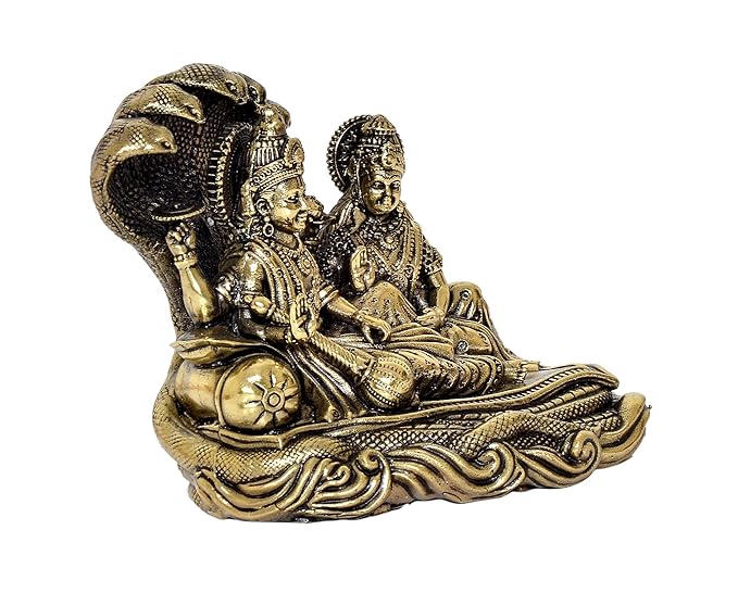 Brass Maa Lakshmi with Lord Vishnu On Sheshnag Idol Statue for The Puja Temple at Home in Brass - (Brass, Height 4 Inch)