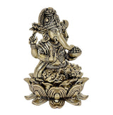 Brass Ganesha idol holding accessories, detailed robe and lotus base