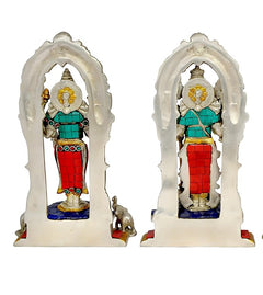 Brass Vishnu & Lakshmi statue back, arched floral halo, turquoise and red robe