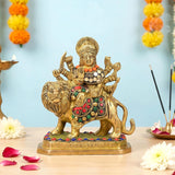Durga Maa figurine on lion mount, eight-armed pose, multicolour gemstone-style accents