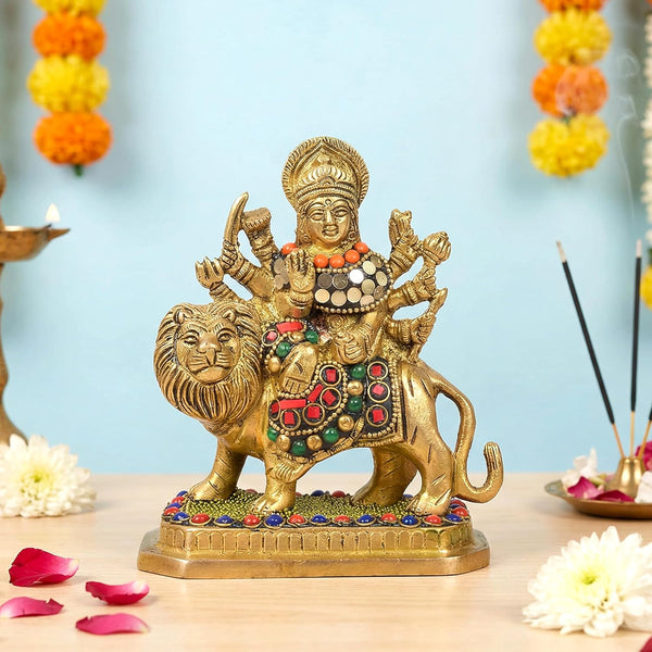 Brass Durga Maa with Lion Idol – Sherawali Mata Rani Statue for Home Temple Décor & Pooja Figurine multicolour 2 (Height :6 Inches) Entryway Setting
