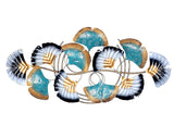 Abstract botanical iron wall art: teal cutout petals with dark metal fan leaves