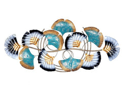 Abstract botanical iron wall art: teal cutout petals with dark metal fan leaves