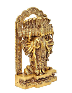Brass Vishnu Virat Roop statue with detailed halo arch and many faces, side view