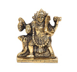 Brass Kal Bhairava idol front view, detailed crown and jewelry, on pedestal base