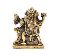Brass Kal Bhairava idol front view, detailed crown and jewelry, on pedestal base