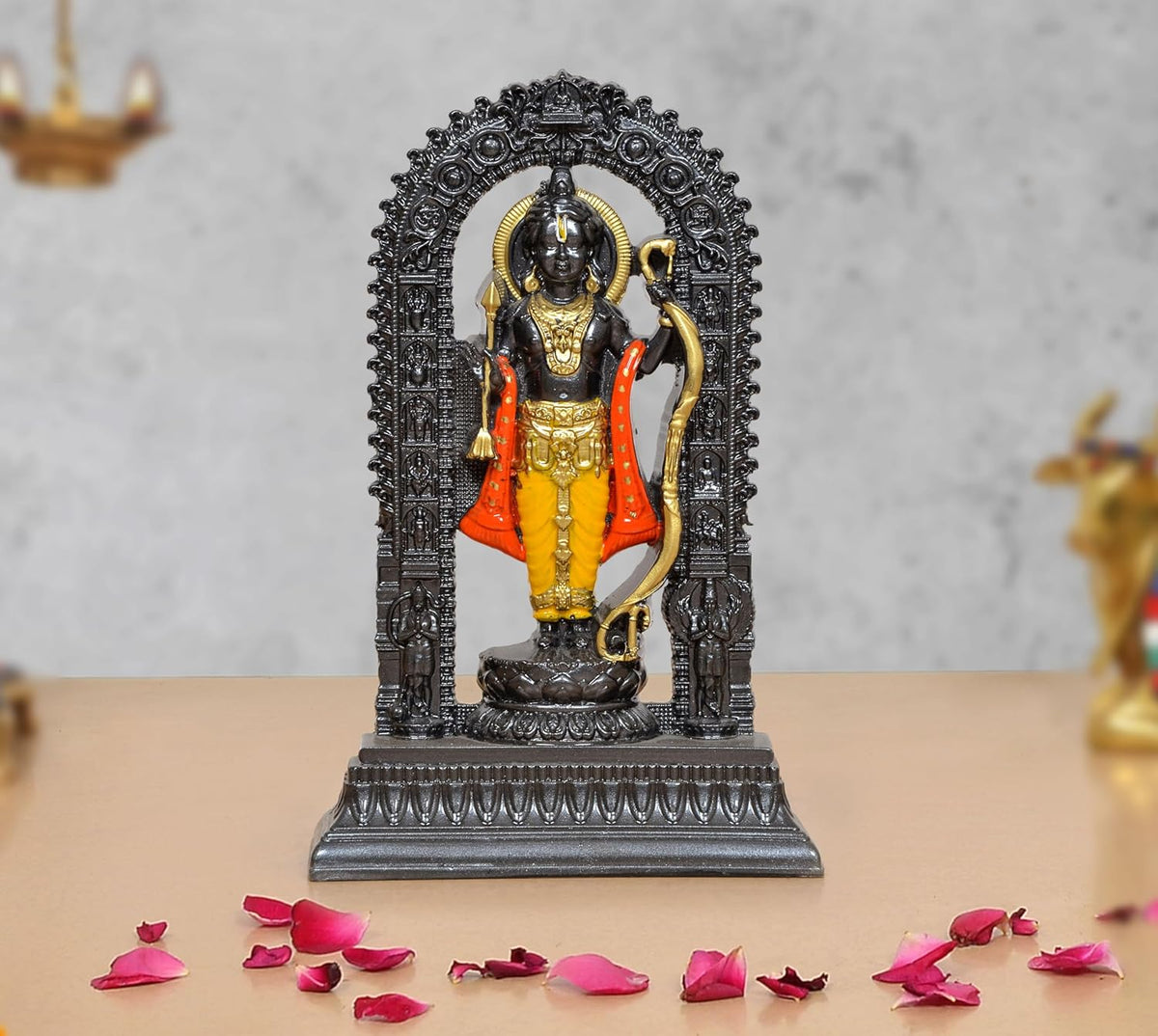 Resin Ram Lalla murti with ornate arched frame, multicolor robes; 7 inch