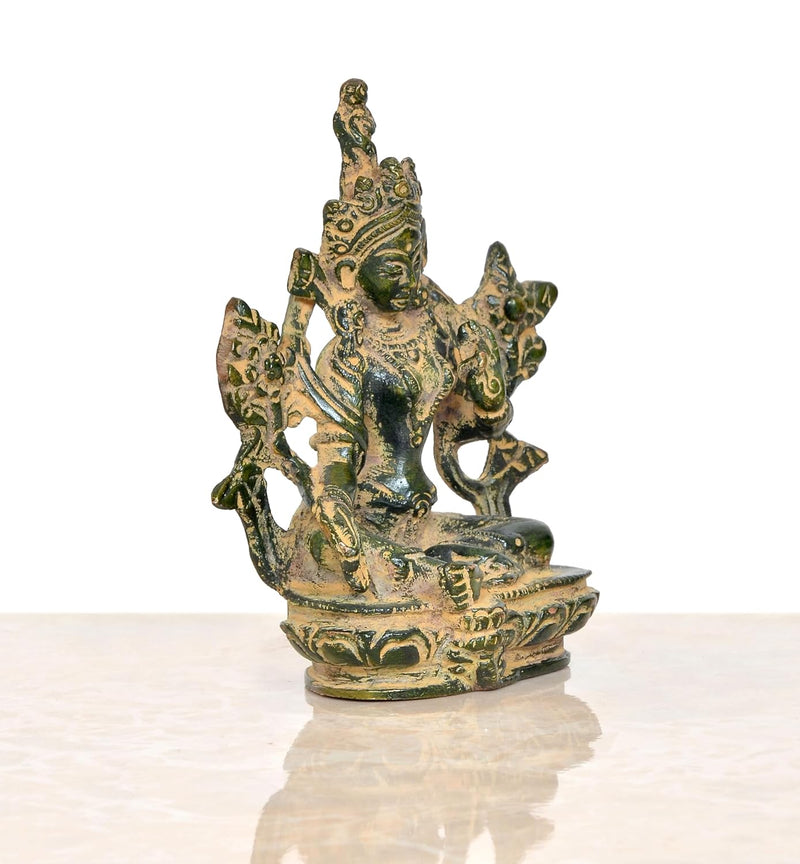 Brass Tara Devi Statue - for Worship, Meditation Spaces, for Home Decor Office, or as a Thoughtful Spiritual Gift. (Height 4 Inch)