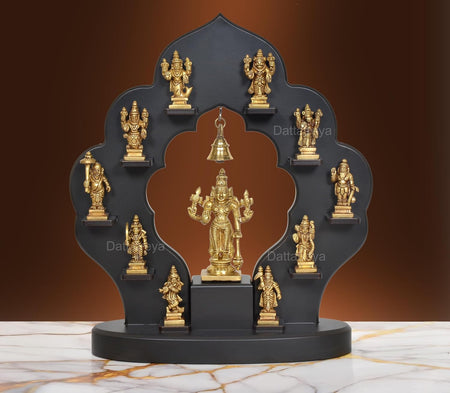 Intricate Brass Dashavatara: Lord Vishnu's Ten Avatars Idol with Wooden Frame | 14" Hindu Collectible Art