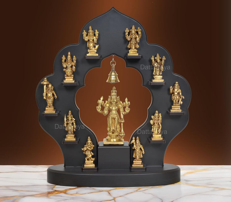 AONA Intricate Brass Dashavatara: Lord Vishnu's Ten Avatars Idol with Wooden Frame | 14" Hindu Collectible Art