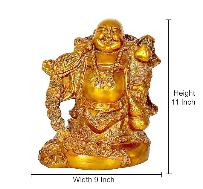 Brass Laughing Buddha Statue for good luck (Height: 10 inches)
