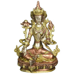 Brass Green Tara statue, 8.5 in, seated with blessing mudras