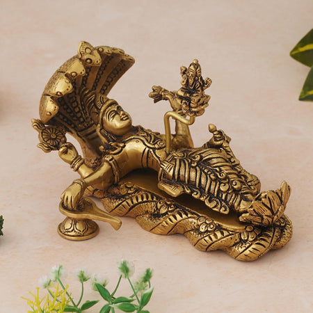 Brass Lord Vishnu Sheshshayi Murti – Vishnu Bhagwan Resting on Sheshnag with Lakshmi for Mandir, Home & Office Decor (Height:5 Inches)