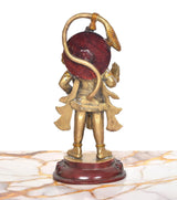 Brass Hanuman Ji rear view statue with dark red round back panel and gold arms