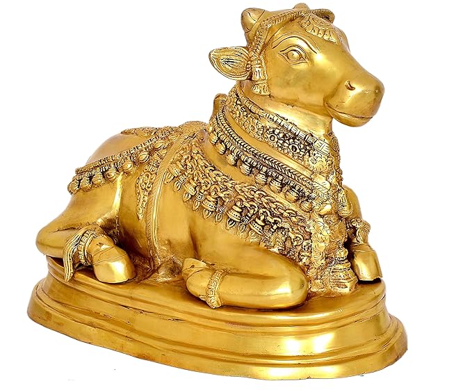 Brass Nandi Cow Statue Idol Murti On Base Decorative Item for Home | Height : 13.5 Inch Craft Detail