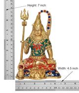 Brass Shiva murti, height 7 in, trident and halo, front view with size markings