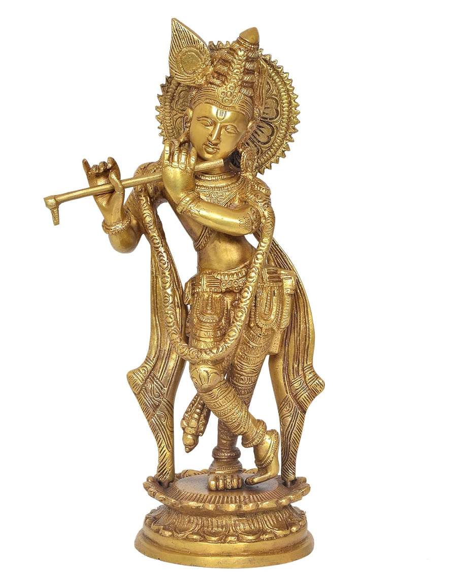 Brass Lord Krishna Idol Statue Sculpture for Home Office Temple Pooja Mandir Decor Gift Showpiece, (Height 11 Inch) Craft Detail