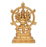 Brass Vishnu Yoga Narasimha statue, front view with ornate halo and pedestal