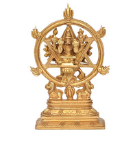 Brass Vishnu Yoga Narasimha statue, front view with ornate halo and pedestal