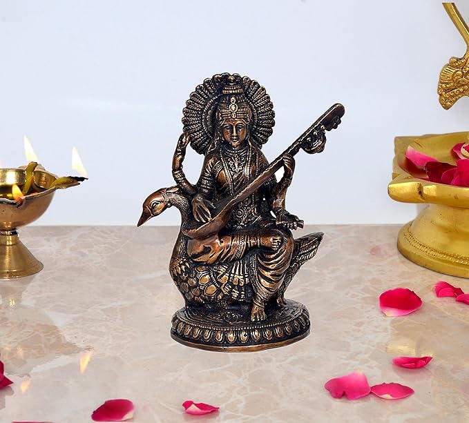 Brass Saraswati Idol On Swan Murti for Temple Home Decor | Height : 9 Inches (Multicolor)