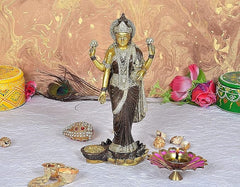 Brass Maa Lakshmi idol statue with raised hands, 10 inch height