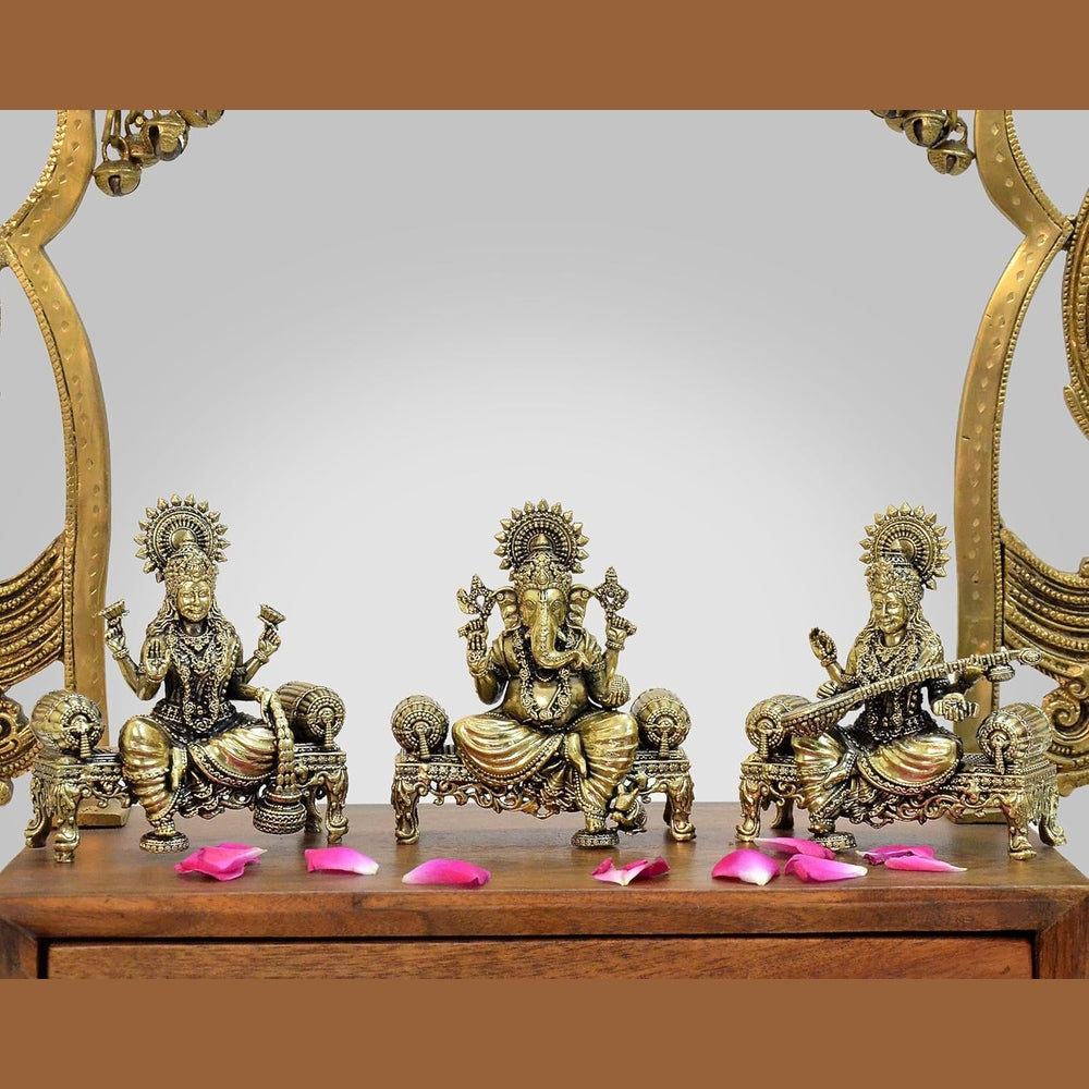 Brass idol trio of Ganesha, Lakshmi, Saraswati on singhasan, 4-inch height