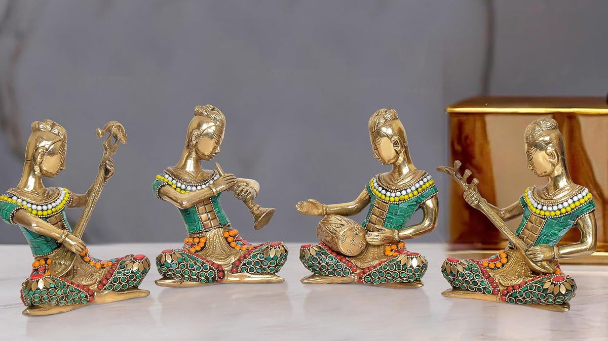 Brass classical musician lady statues, set of 4, teal-and-gold mosaic bases