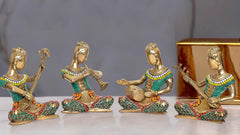 Brass classical musician lady statues, set of 4, teal-and-gold mosaic bases