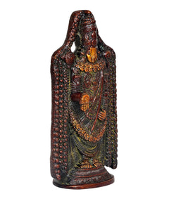 Brass Balaji idol statue, angled view with beaded side border and golden ornament