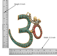 Brass OM wall hanging sculpture with teal and red gem inlay; height 6 inch