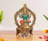 Lakshmi brass idol, 8 inch, multicolor jeweled arch and ornate base