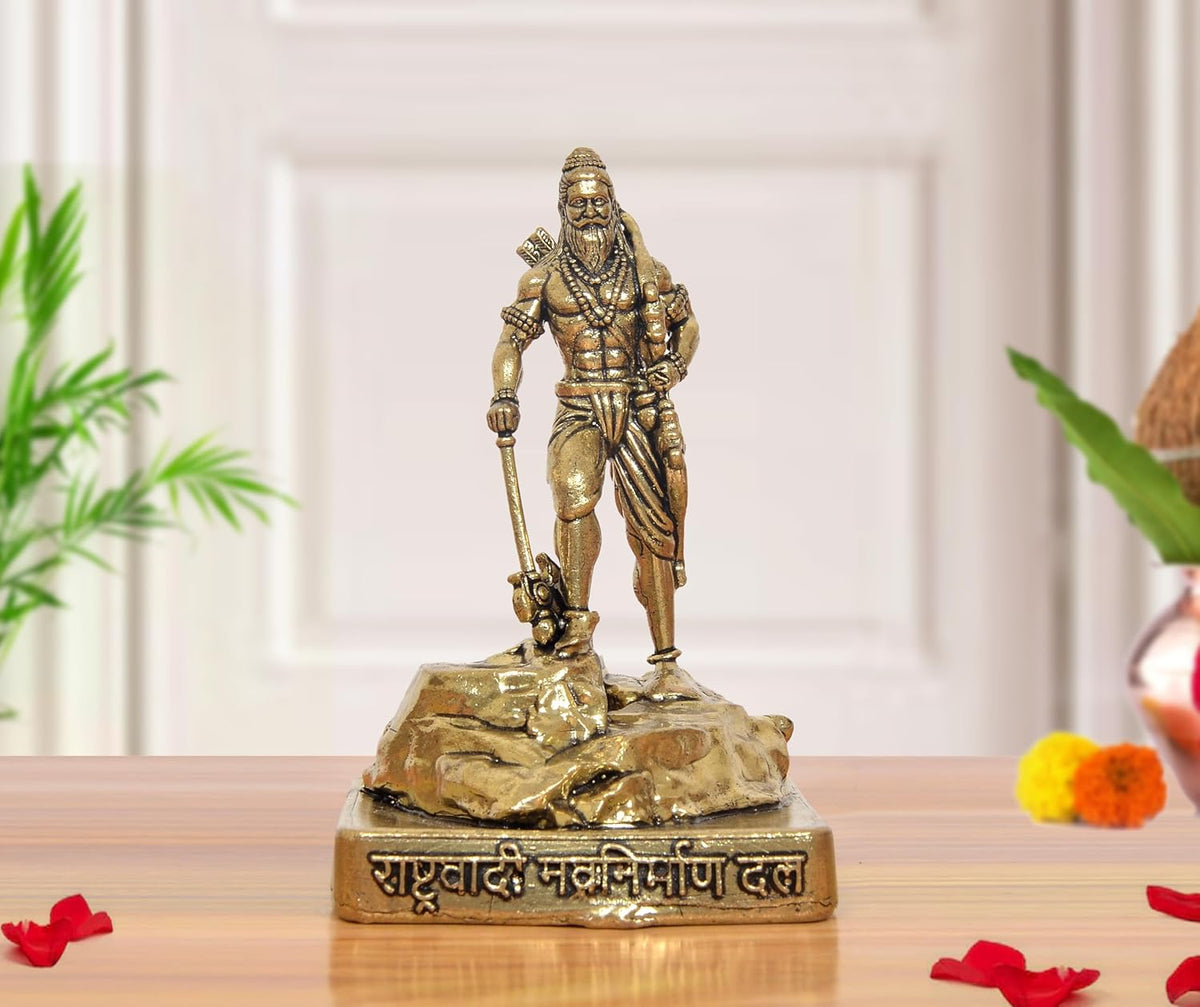 Brass Bhagawan Parashurama statue, 4 inch tall, standing with sword on pedestal