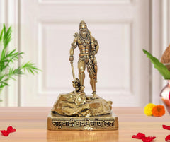 Brass Bhagawan Parashurama statue, 4 inch tall, standing with sword on pedestal