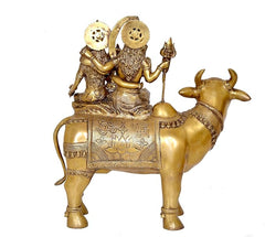 Brass Shiva family idol on Nandi, detailed robes and ornaments, home decoration