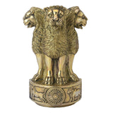 Brass lion figurine with Ashoka wheel emblem on round pedestal, front view