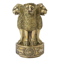 Brass lion figurine with Ashoka wheel emblem on round pedestal, front view