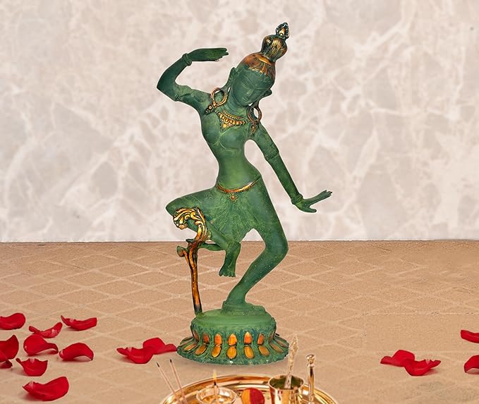 Dancing Shiv Parvati brass statue idol, green patina finish, 15 in temple decor