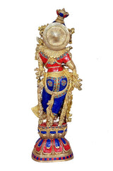 Radha-Krishna brass Murti back view, crown and spiral halo visible, blue-red accents