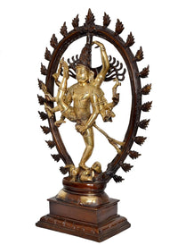 Front view brass Natraj dancing showpiece, one leg lifted over a small seated base