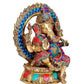 Brass Ganesha Statue Idol On Lotus with Frame for Home Decor | Height : 13.5 inches