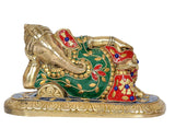 Brass reclining Ganesha figurine with ornate green fabric and red jewel-pattern coat