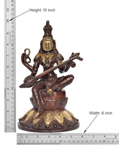 10 inch Saraswati idol on lotus; measuring chart shows height and width dimensions.
