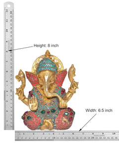 Brass Lord Ganesha statue height 8 in, turquoise crown and red robe