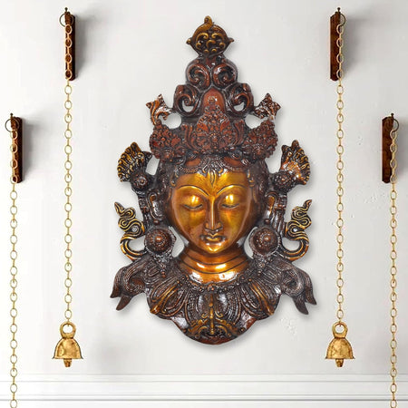 Brass Goddess Tara Wall Hanging Mask Buddhist Deity Statue (Height: 12.5 Inch)