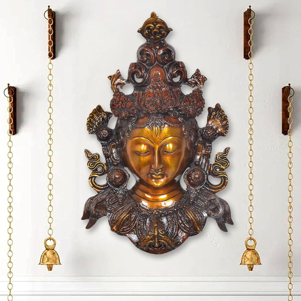 Brass Goddess Tara Wall Hanging Mask Buddhist Deity Statue (Height: 12.5 Inch)