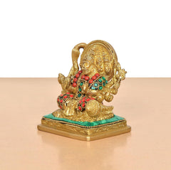 Gold-toned Panchmukhi Hanuman idol on teal pedestal base with beadwork