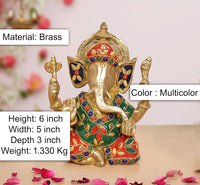 Brass Ganpati murti in multicolor, seated with raised hands and decorative crown